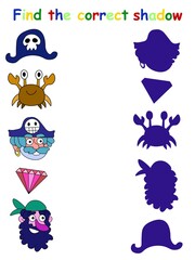 Find the correct shador pirate game for kids stock vector illustration. Shadow matching children printable vertical game. Simple educational preschool and kindergarten game with funny cartoon pirates.