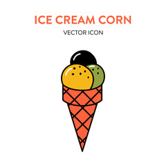 Bright ice cream cone icon. Vector colorful illustration of an ice cream cone in retro style. Balls of ice cream in a waffle cup vector icon