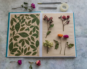 Notebook with dried flowers and leaves