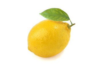 Ripe lemon with leaf  isolated on white