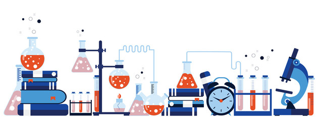 Laboratory equipment banner. Concept for science, medicine and knowledge. Flat vector illustration