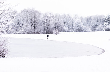Persona caminando  cerca de un lago en la nieve