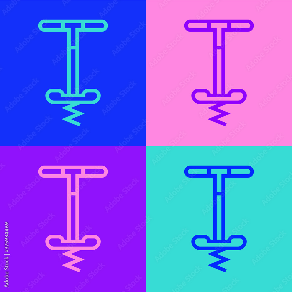 Poster Pop art line Pogo stick jumping toy icon isolated on color background. Vector.