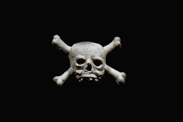 Human skull as symbol of death and horror. Fragment of ancient statue against black background..