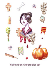 Watercolor portrait of cute Halloween vampire girl