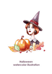 Watercolor witch portrait with autumn leaves