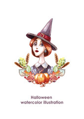 Watercolor witch portrait with autumn leaves
