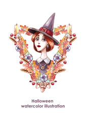 Watercolor witch portrait with autumn leaves