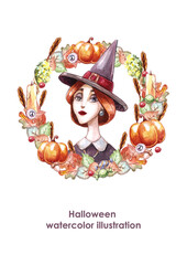 Watercolor witch portrait with autumn leaves