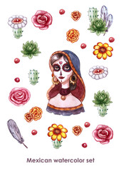 Santa Muerte watercolor Halloween portrait.