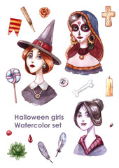 Halloween girls watercolor set. Calavera, vampirea and witch.