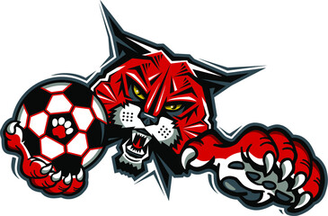 wildcat soccer team mascot holding ball for school, college or league