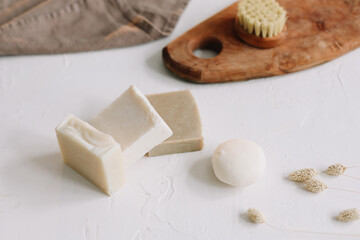 Zero waste kitchen accessories, natural organic soap. Concept of plastic free and eco friendly products in household, top view