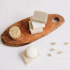 Zero waste kitchen accessories, natural organic soap. Concept of plastic free and eco friendly products in household, top view