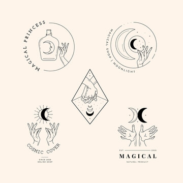 Hands set in simple flat esoteric boho style. Feminine hand logo collection with different symbol like space star planet, floral herb, moon and sun, heart love, eye, fire, drop. Vector illustration.
