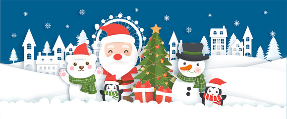Christmas background with Santa clause and friends. 