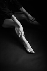 Details of body of beautiful girl, fashion and art, authentic black and white photo shoot