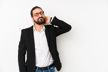 Young caucasian business man isolated on a white background touching back of head, thinking and making a choice.