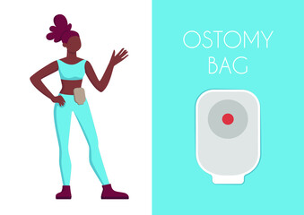 sports girl stylization vector flat illustration. A patient with a colostomy bag