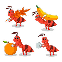 Ants cartoon collection set bring food. Vector illustration