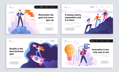 Inspirational business quotes for motivation with a set of four designs showing goals, teamwork or perseverance, innovation and quality, colored vector illustration. Web page templates