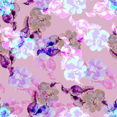 Naklejka na ściany i meble Watercolor painting flowers with leaves. Seamless pattern on pink background.