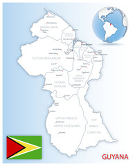 Detailed Guyana administrative map with country flag and location on a blue globe. Vector illustration