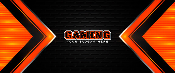 Futuristic orange and black abstract gaming banner design with metal technology concept. Vector illustration for business corporate promotion, game header social media, live streaming background