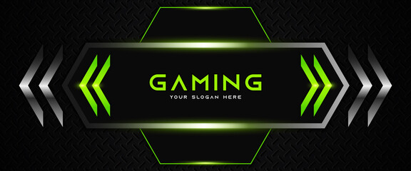 Futuristic black and green abstract gaming banner design with metal technology concept. Vector illustration for business corporate promotion, game header social media, live streaming background