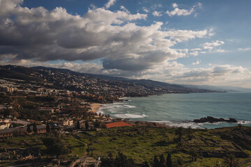 Fototapeta na wymiar Beirut Panoramic View. Exposure of Beirut (Lebanon) from an high angle view at the sea and city