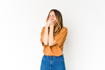 Young caucasian woman isolated on white background suffers pain in throat due a virus or infection.