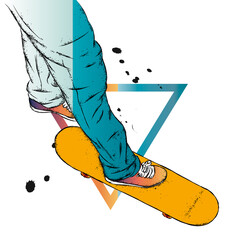 Stylish skater in jeans and sneakers. Skateboard. Vector illustration for a postcard or a poster, print for clothes. Street cultures.