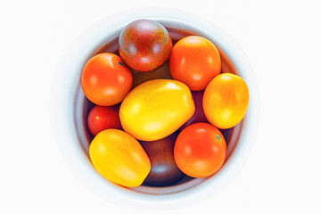 Red, orange and yellow cherry tomatoes on a circular bowl on white background