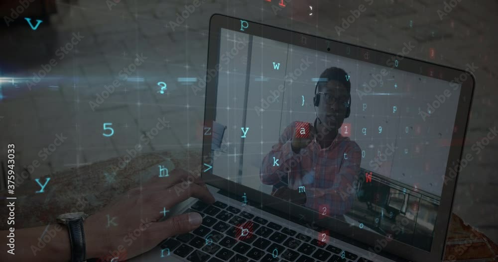 Poster security warming and data over man using laptop.