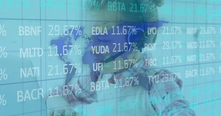 Financial data over a young girl using headset. - Powered by Adobe
