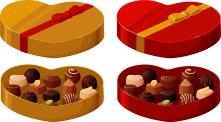 Vector illustration of a heart shaped box with filled chocolates in gold or red isolated on white background.