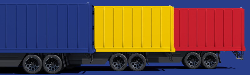 Trailer trucks form flag of Romania on blue background. 3d rendering