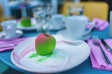 green and pink fresh apple like baked dessert with coffee in cafe in morning