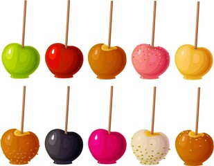 Vector illustration of various candy apples and caramel apples for Halloween isolated on white background.