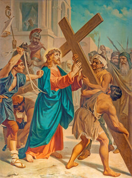 RAVENNA, ITALY - JANUARY 28, 2020: The Jesus accepts his cross in church Basilica di Santa Maria del Porto.