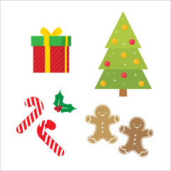 Naklejka premium Christmas Tree, Present, Candy Cane, Mistletoe, Gingerbread Man Vector Illustration Set