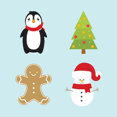 Christmas Tree, Present, Candy Cane, Mistletoe, Gingerbread Man Vector Illustration Set