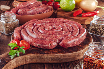 Raw thin brazilian sausages on the wooden board with ingredients - Linguiça toscaninha