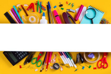 School supplies double border on yellow background