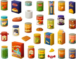 Vector illustration of various pantry prepping items of cans and jars and toilet paper isolated on white background