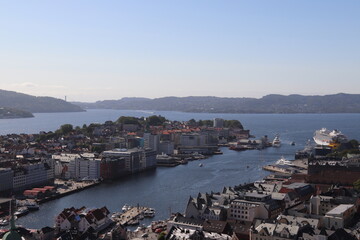 Fototapeta na wymiar Bergen, Norway - view of the harbor & fiords in the background