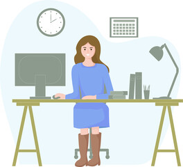 Fototapeta na wymiar A successful beautiful woman at work. Comfortable workplace with a table, computer and necessary things for business. Vector flat design