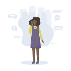 a successful beautiful black woman talking on the phone. Conducts business negotiations, runs a business. Against the background of a large city.  Vector flat design