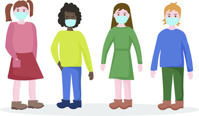 A group of small children, boys and girls wearing medical masks. To protect against viral diseases, environmental and air pollution. The concept of social distance and health preservation.