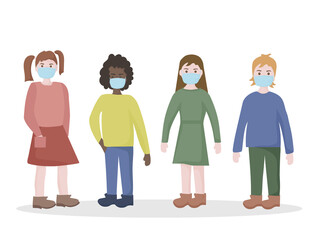 A group of small children, boys and girls wearing medical masks. To protect against viral diseases, environmental and air pollution. The concept of social distance and health preservation.